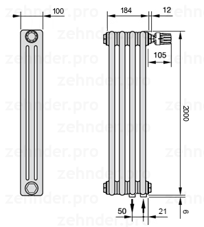 Схема (чертеж) Радиатор Zehnder Charleston 3200/4 №V002 Белый глянцевый RAL 9016